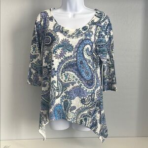 No.019 Asymmetrical Blue 3/4 Sleeve Tunic with Paisley Design